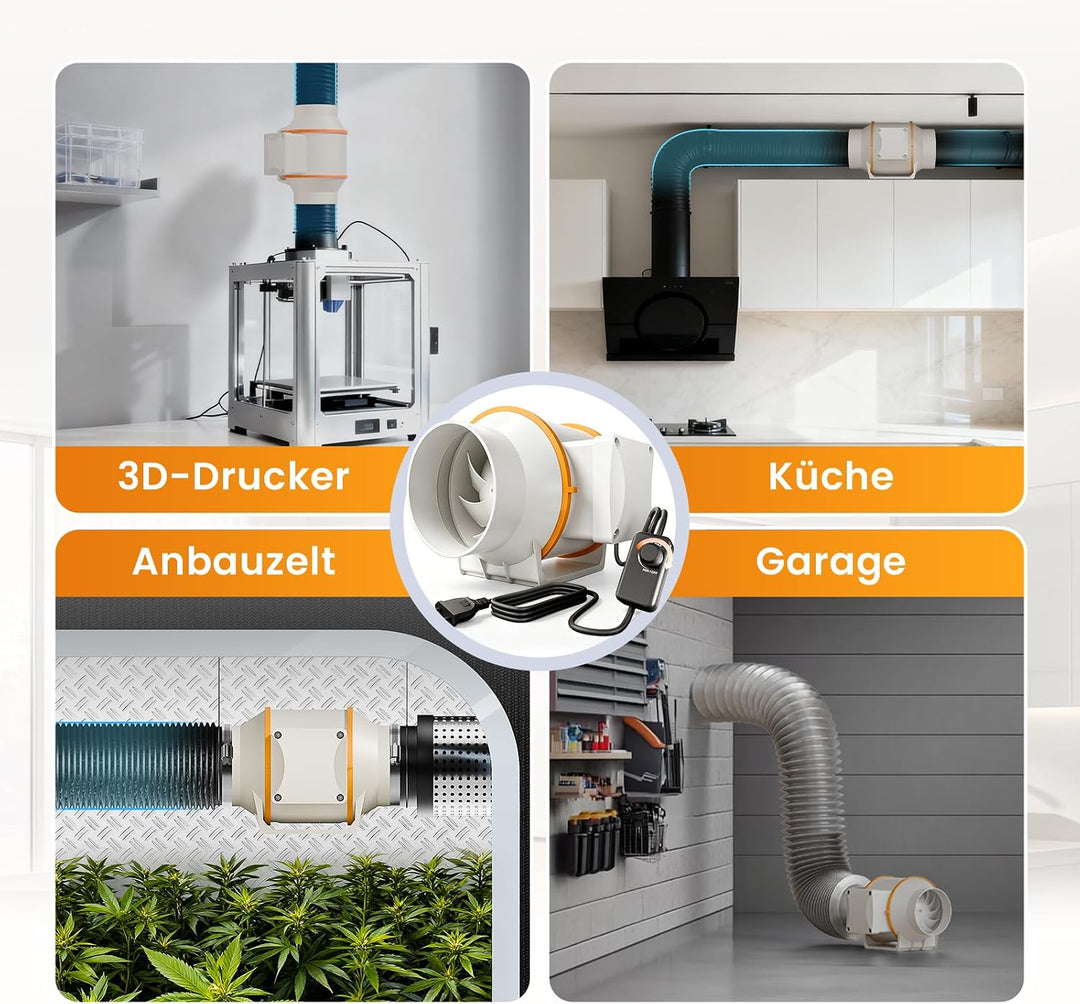 Rohrventilator 100 mm, Leise und Regelbar, Leistungsstark und Sparsam, Luftstrom 360 m³/h, Drehzahlr