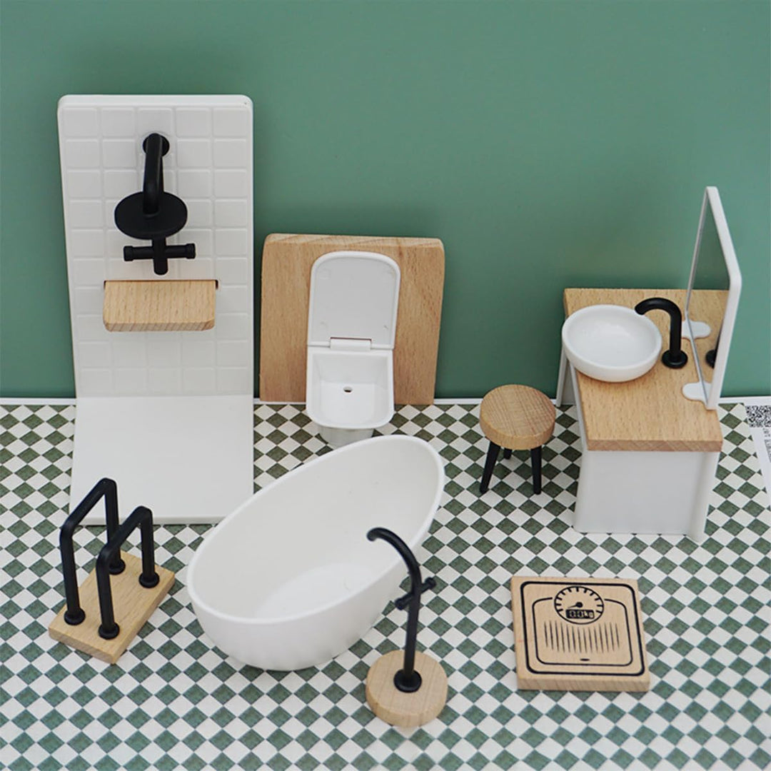 Sarini Puppenhaus Badezimmer Set Miniatur Simulation Modell Toilette Badewanne Holz Badezimmer Schra