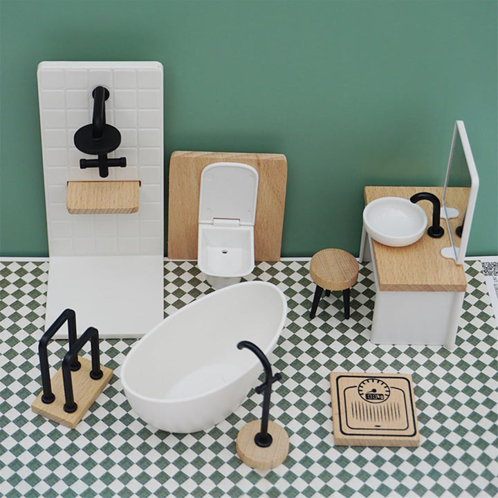 Sarini Puppenhaus Badezimmer Set Miniatur Simulation Modell Toilette Badewanne Holz Badezimmer Schra