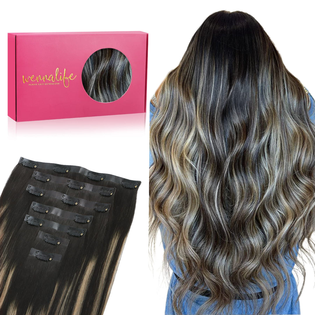 WENNALIFE Nahtlose Clip In Extensions Echthaar, 35cm 9pcs 130g Balayage Natürliches Schwarz bis Hell