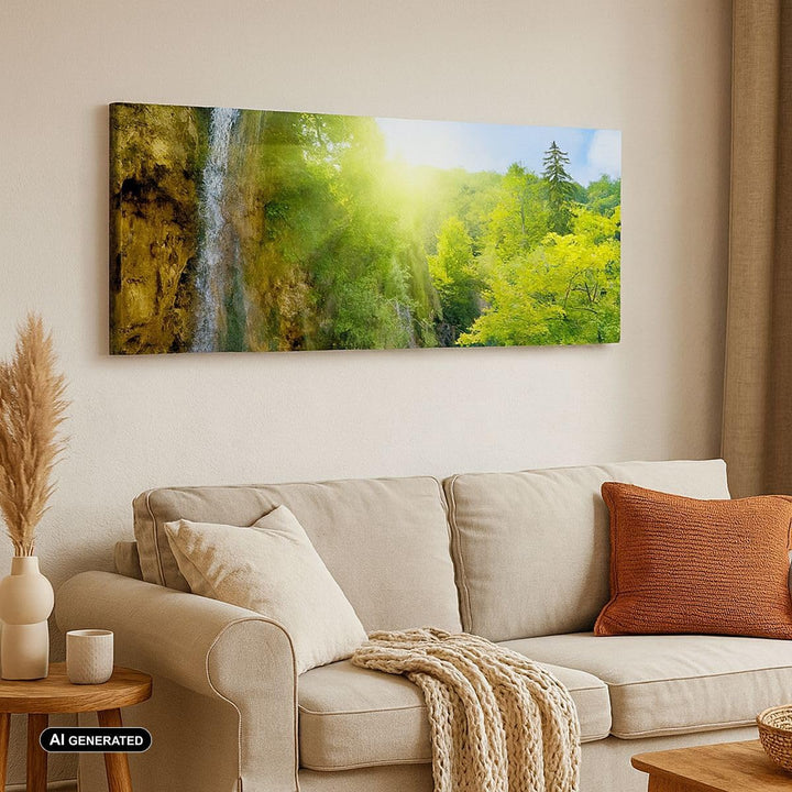 Wandbilder Dekoration Wohnzimmer Wasserfall Forrest Himmel Panorama Bilder auf Leinwand 120x50cm Lei