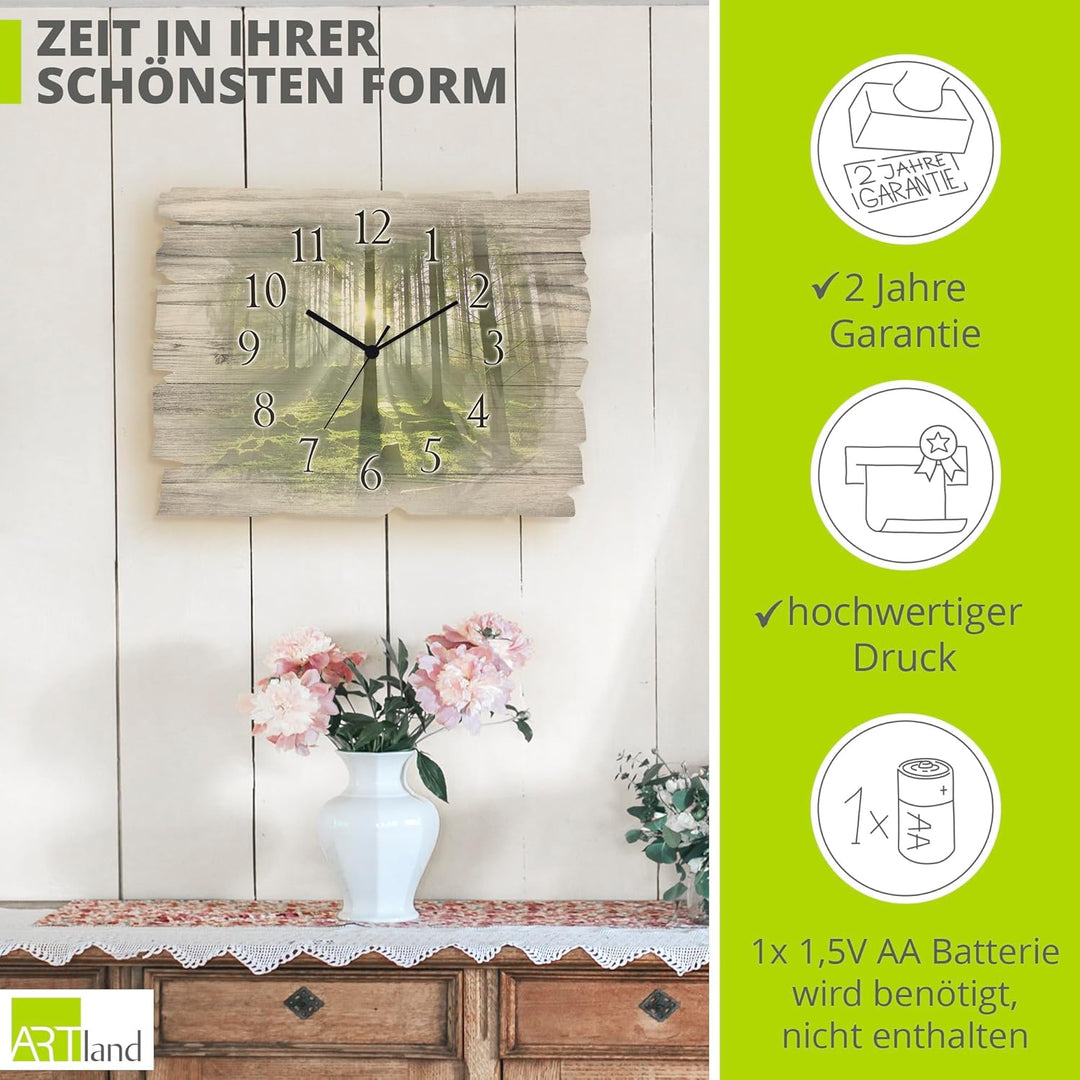 ARTLAND Wanduhr ohne Tickgeräusche aus Holz Funkuhr 40x30 cm Rechteckig Lautlos Wald Landschaft Natu