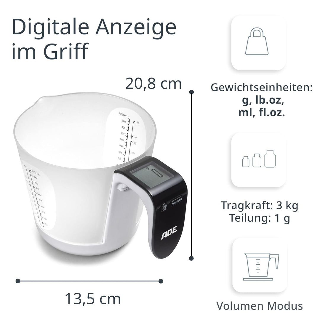 ADE Digitale Messbecher-Waage | Küchenwaage mit Messbecher zum Wiegen und Messen | Elektronische Mes