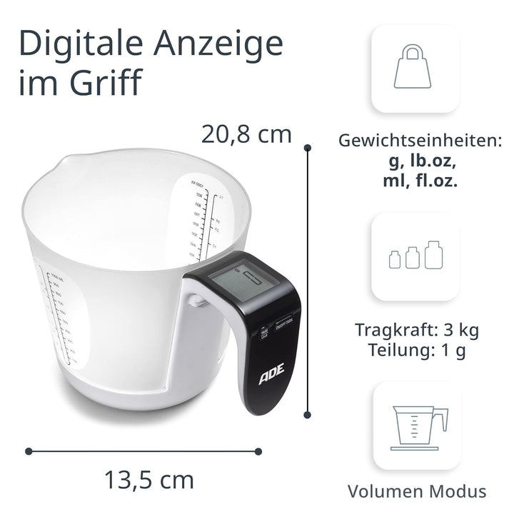 ADE Digitale Messbecher-Waage | Küchenwaage mit Messbecher zum Wiegen und Messen | Elektronische Mes