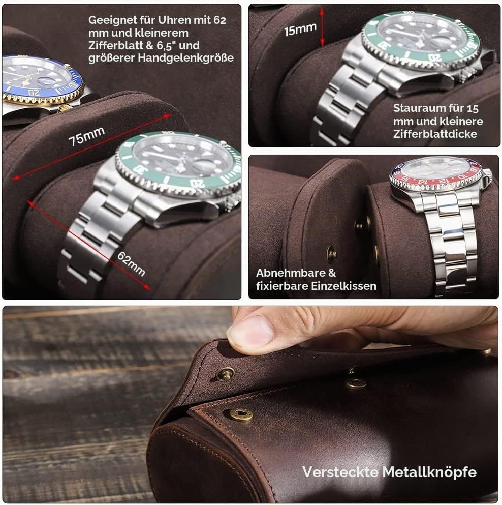 Hiram Uhrenkoffer aus echtem Leder für 2 Uhren, handgefertigt, aus echtem Leder, Reiseuhr, schützend
