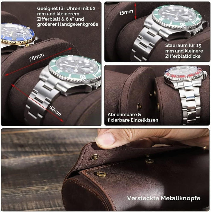 Hiram Uhrenkoffer aus echtem Leder für 2 Uhren, handgefertigt, aus echtem Leder, Reiseuhr, schützend