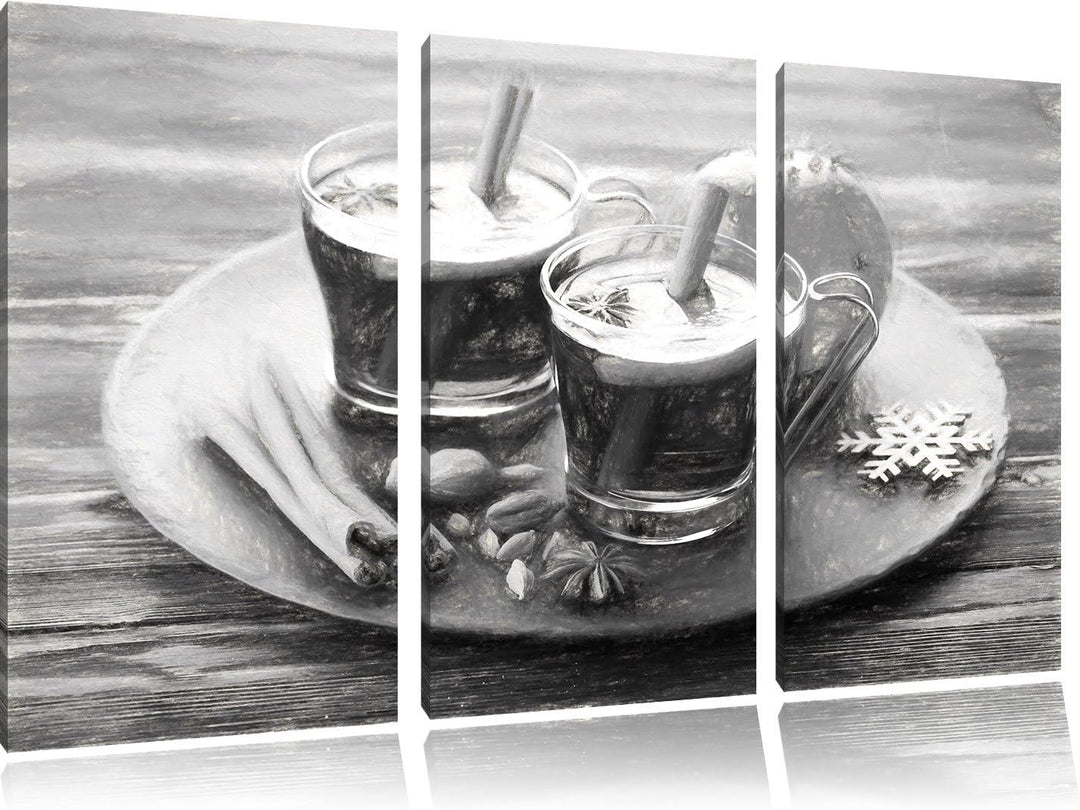 Pixxprint Aromatischer Glühwein mit Zimt Kohle Zeichnung Effekt 3-Teiler Leinwandbild 120x80 Bild au