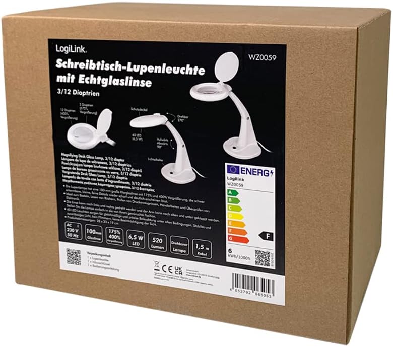 Logilink WZ0059 - Vergrösserungsglas-Schreibtischleuchte, 3 & 12 Dioptrien, Weiss, 3 & 12 Dioptrien