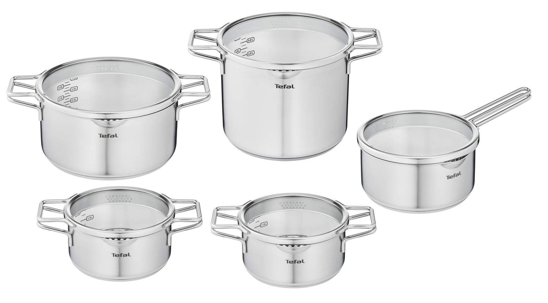 Tefal Nordica H852SA55 Stahl-Topfset mit Deckel 10-teilig, Topf: 18/20/24 cm, Kochtopf hoch 22cm, Ro