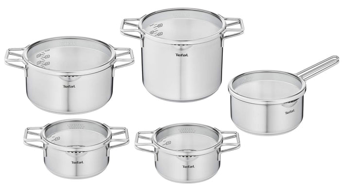 Tefal Nordica H852SA55 Stahl-Topfset mit Deckel 10-teilig, Topf: 18/20/24 cm, Kochtopf hoch 22cm, Ro