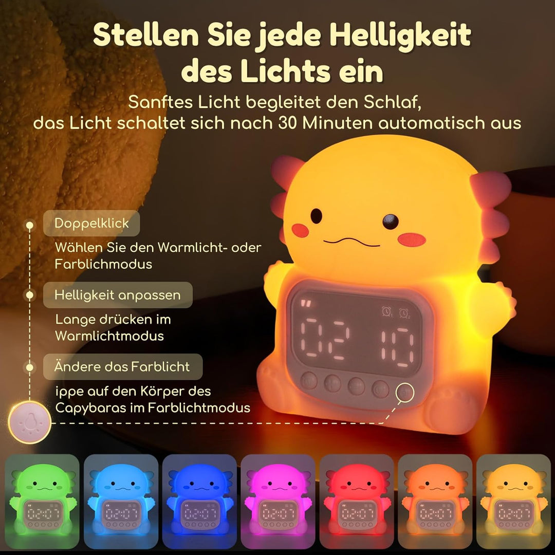 Yiliaw Axolotl Wecker mit Nachtlicht für Kinder, 7 RGB-Farben Süsse Wecker für Schlafzimmer, Ok to W