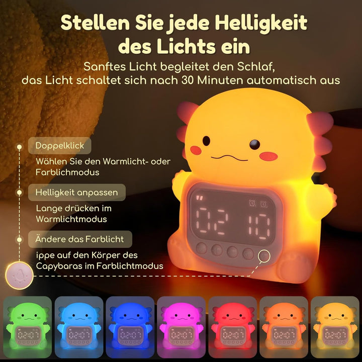 Yiliaw Axolotl Wecker mit Nachtlicht für Kinder, 7 RGB-Farben Süsse Wecker für Schlafzimmer, Ok to W