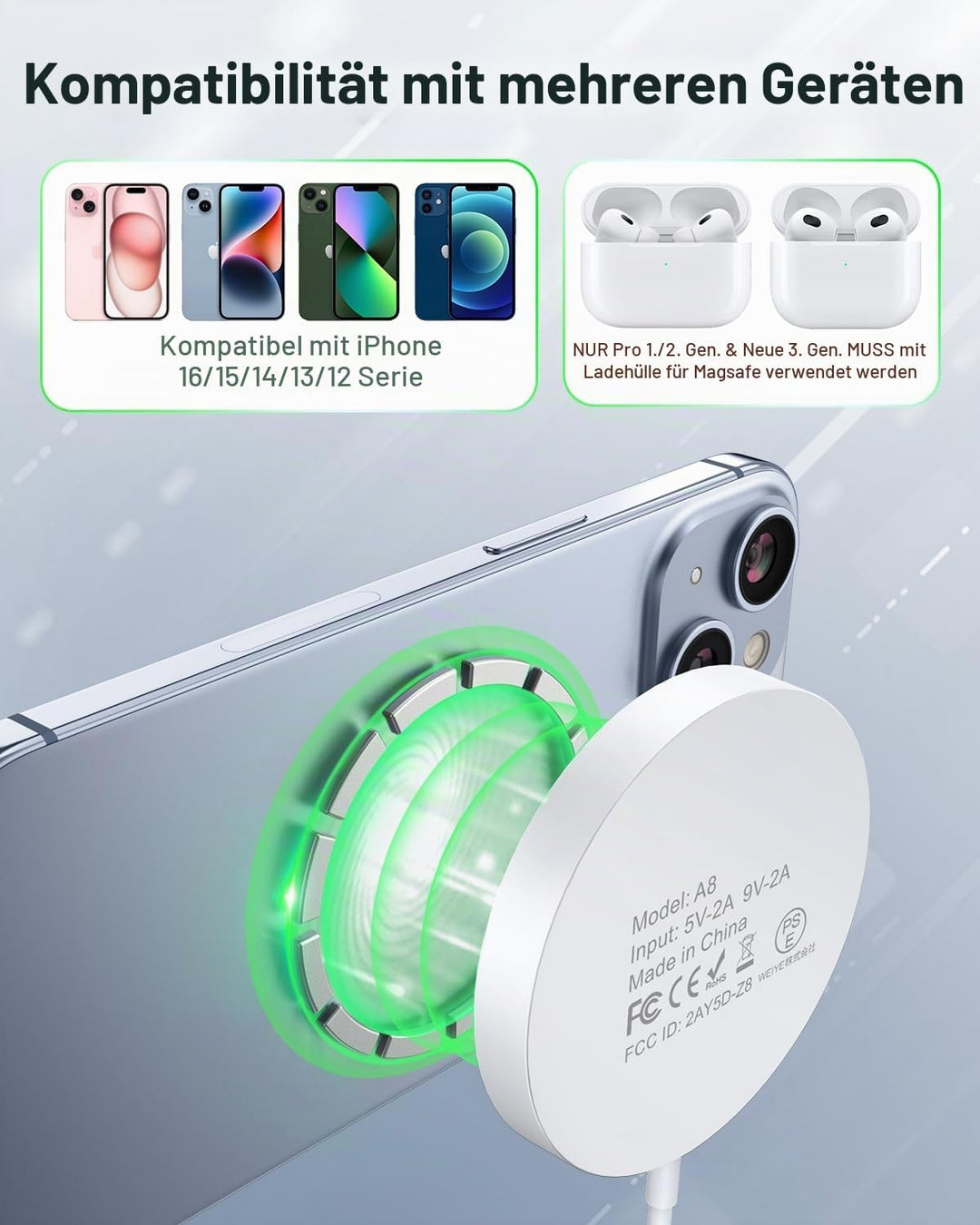 AMSKY Kompatibel mit Magsafe Ladegerät, 15W Magnetische Wireless Charger Kompatibel mit Magsafe Lade