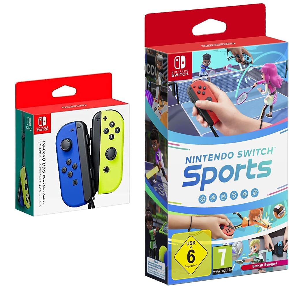Nintendo Joy-Con 2er-Set, Blau/Neon-Gelb + Nintendo Switch Sports (inkl. Beingurt) - [Nintendo Switc