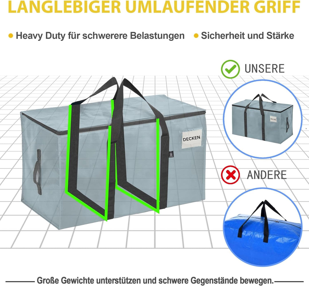 VENO 10 Stück extragrosse Umzugstaschen,Aufbewahrungstasche mit Reissverschlüssen und Tragegriffen,