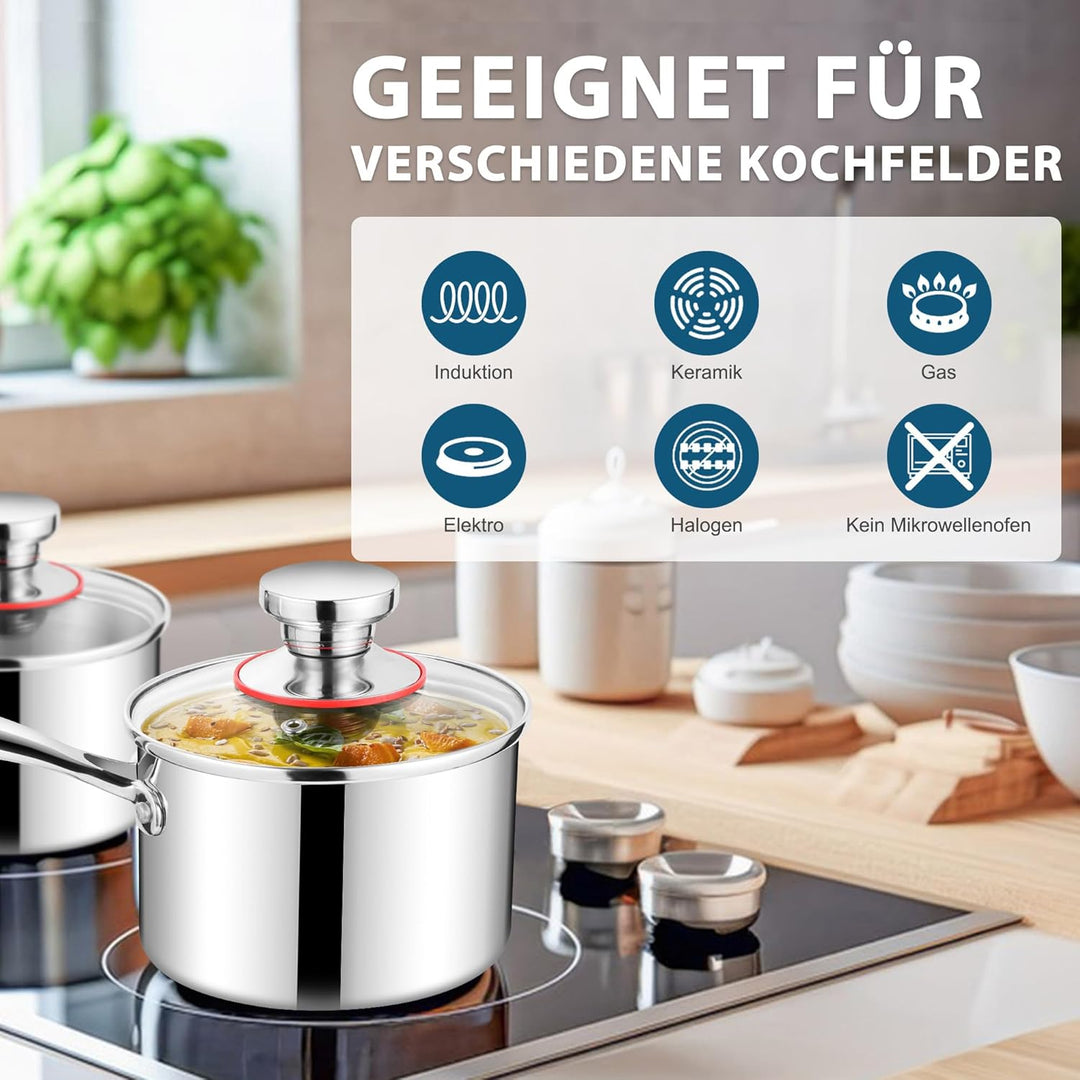 Joyfair Stielkasserolle, 18cm Premium 3-Lagiger Edelstahl Milchtopf Induktion mit Deckel, 2,5 Liter