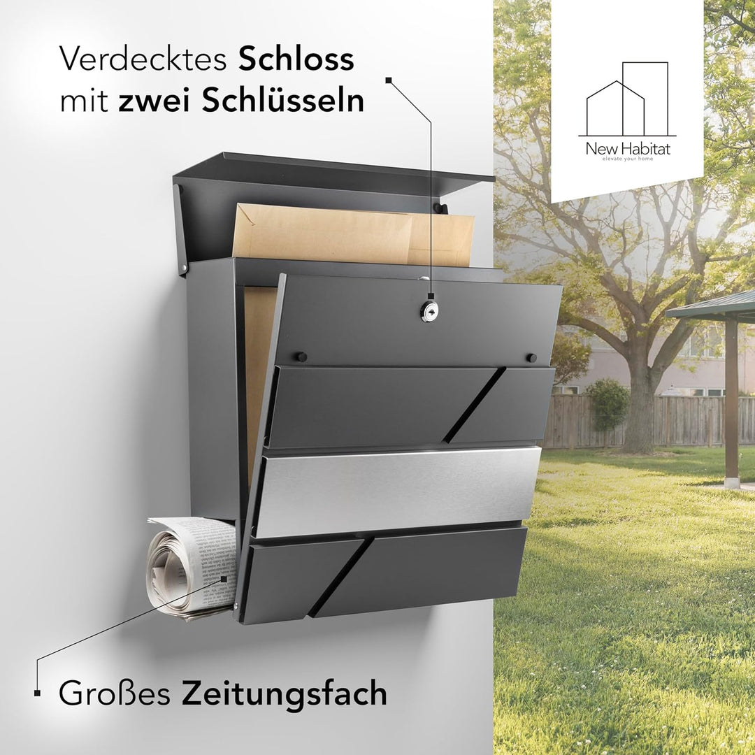 NewHabitat I Moderner Briefkasten Anthrazit mit Zeitungsfach - Wandbriefkasten Rostfrei und UV-bestä