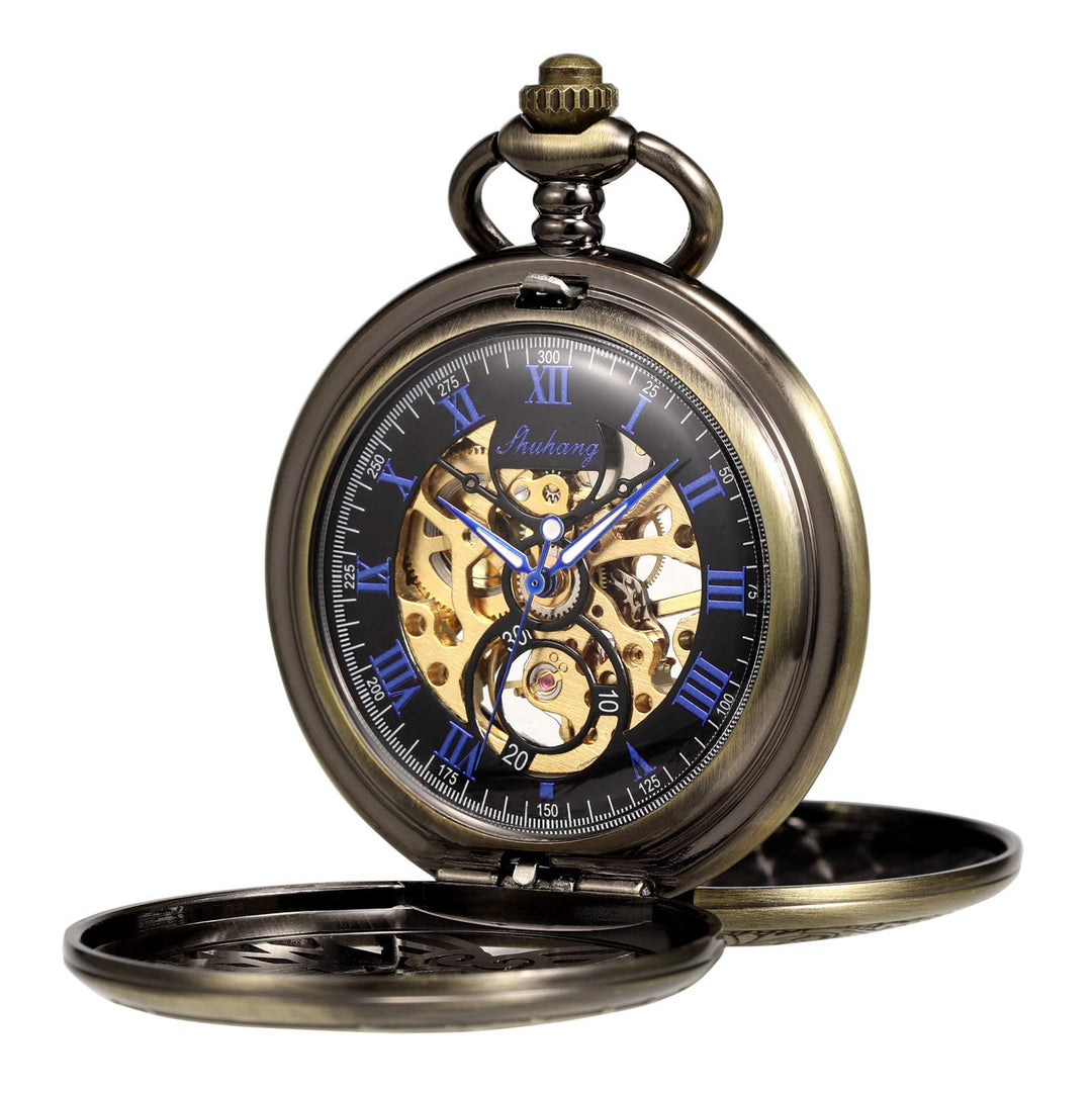 TREEWETO Unisex Taschenuhr mit Kette Analog Handaufzug Doppelscharnier Adler Skelett Römische Ziffer