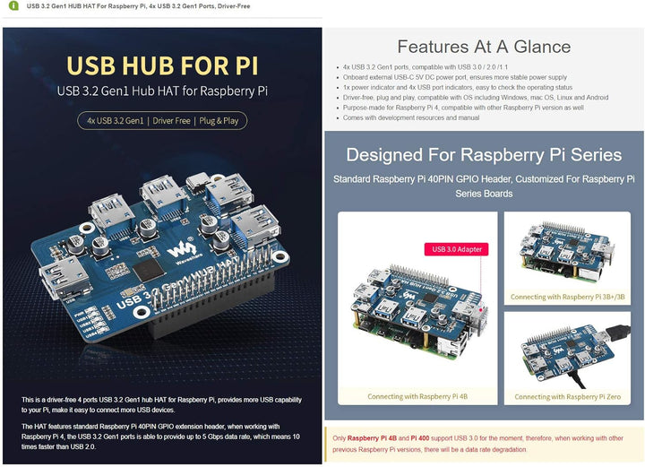 Waveshare USB 3.2 Gen1 HUB HAT for Raspberry Pi 4 with 4X USB 3.2 Gen1 Ports Up to 5 Gbps Data Rate
