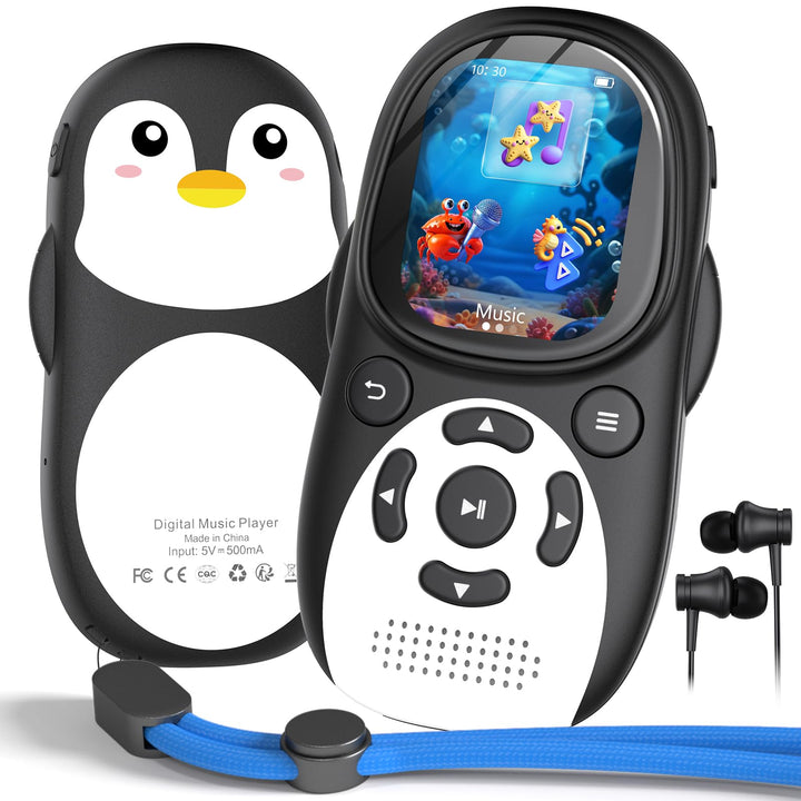 64GB MP3 Player Kinder, Bluetooth 5.3 Lautsprecher Pinguin Design Tragbarer Musikplayer mit 2" IPS B