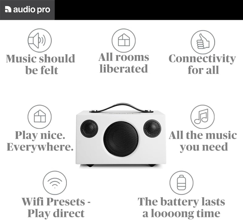 Audio Pro Addon C3 - Tragbarer Multiroom Lautsprecher Klein mit Bluetooth & WiFi - Kabelloser Smart