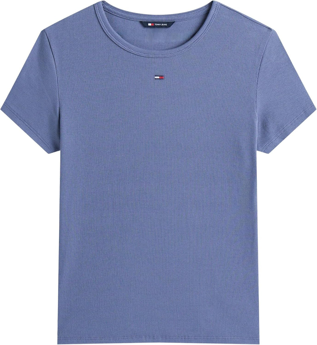 Tommy Jeans Damen T-Shirt Kurzarm Essential Rib Slim Fit XXS Grey (Blue Moment), XXS Grey (Blue Mome