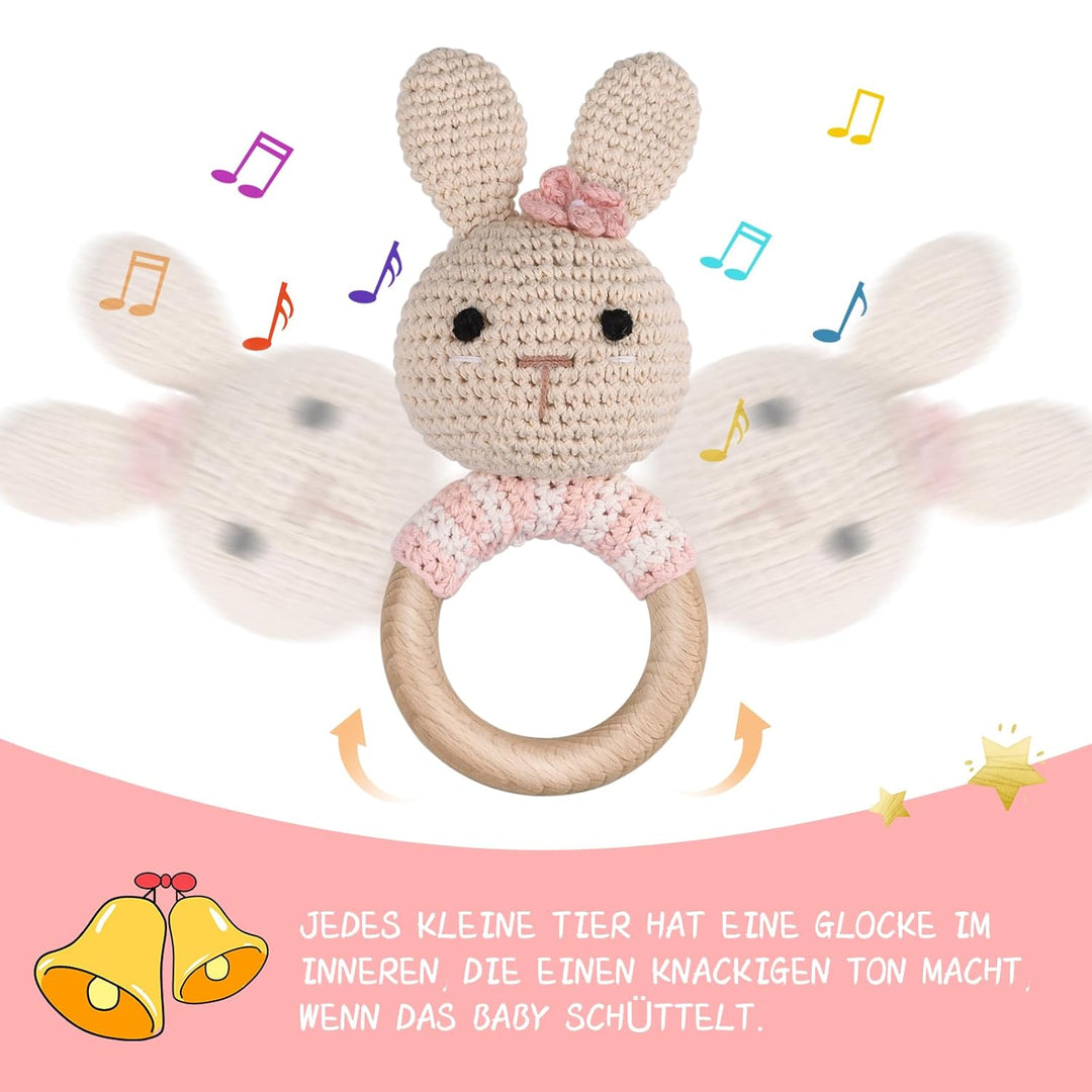 Gehäkelte Babyrassel - Häkeln Holz Greifling Handmade geschenk zur geburt Mädchen und Junge Geschenk
