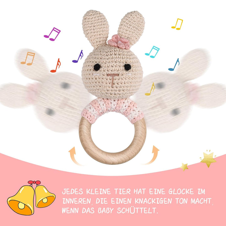 Gehäkelte Babyrassel - Häkeln Holz Greifling Handmade geschenk zur geburt Mädchen und Junge Geschenk