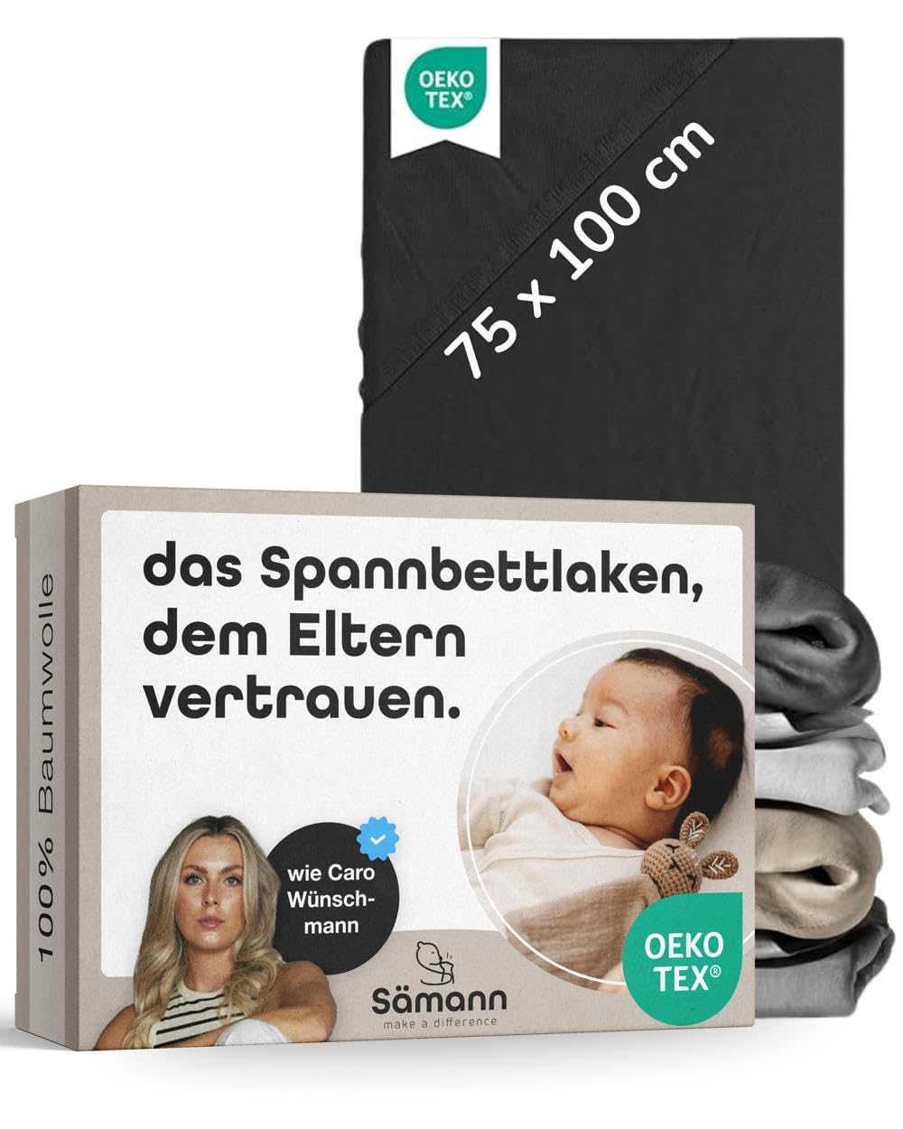 Sämann Jersey Spannbettlaken Spannbetttuch für Laufgitter 75x100 cm, Baumwolle schwarz 75x100 cm Sch
