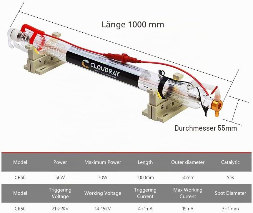 Cloudray CO2 Laser Tube Laserröhre 50W 60W 70W CO2 Glasröhre 1000mm Länge &amp; 50mm DM für CO2 Lasergra