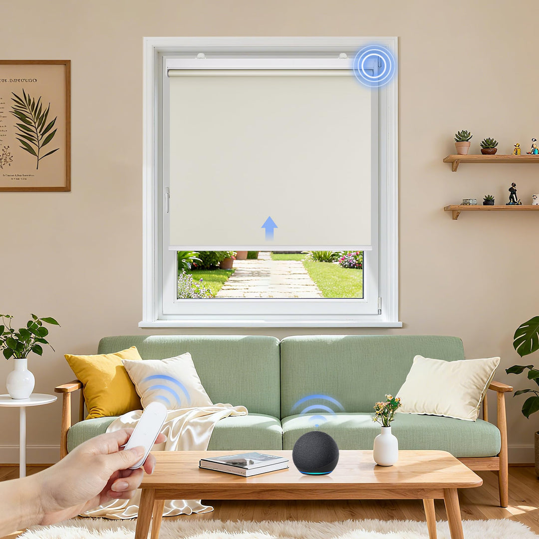 Grandekor Rollo Elektrisch 105x120cm Creme, Elektrisches Verdunklungsrollo Klemmfix ohne/mit Bohren,