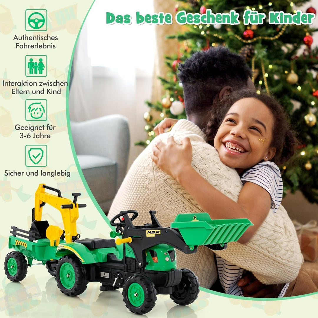DREAMADE Trettraktor, Kindertraktor mit Anhänger & Schaufel & Frontlader, Kinderbagger Sitzbagger mi