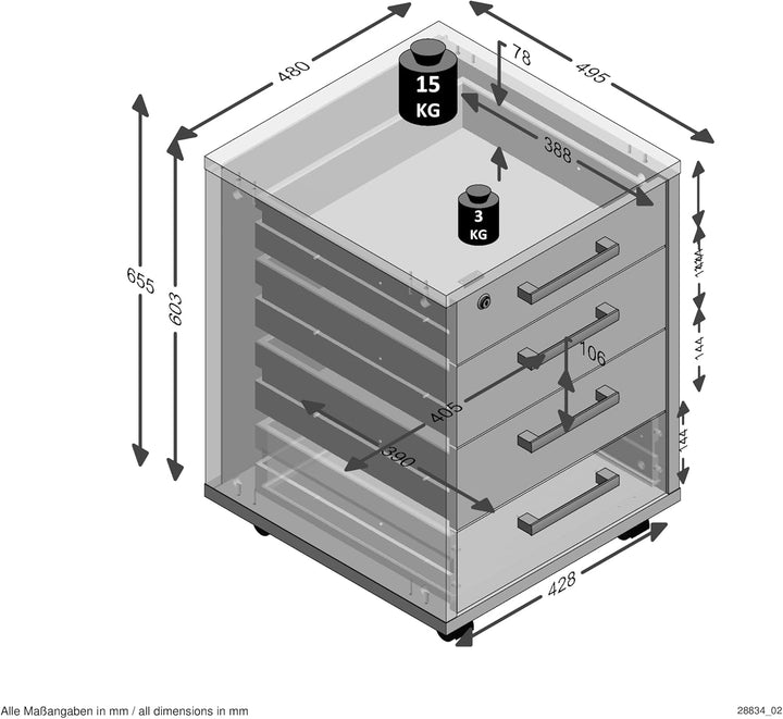 Rollcontainer >CALVIA 4< in Alteiche Dekor - 48x65,5x49,5cm (BxHxT)