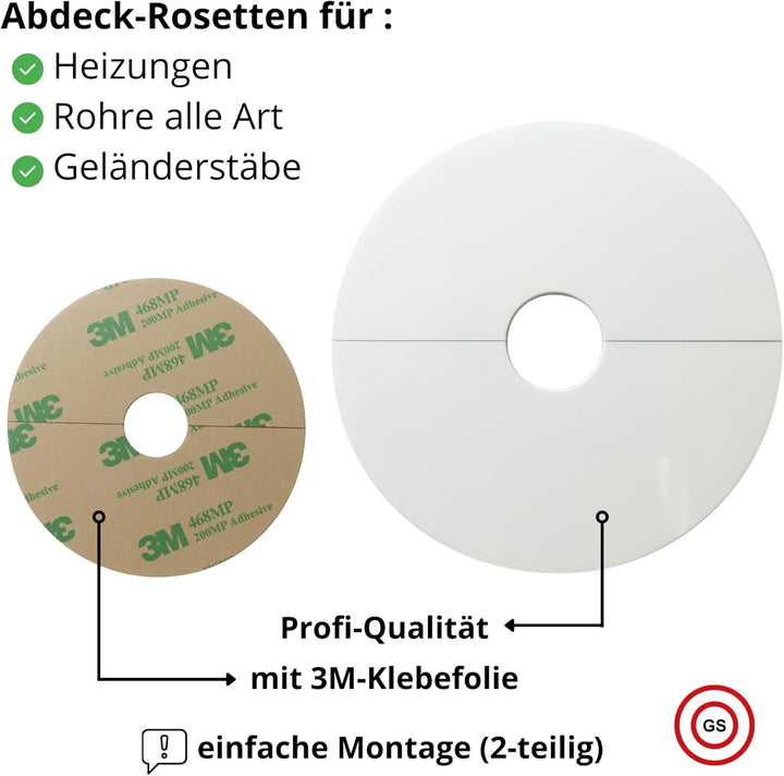 Rosetten Abdeckung für Rohre, Heizungen, Geländer - EINFACHE MONTAGE, Rohrverkleidung MADE IN GERMAN