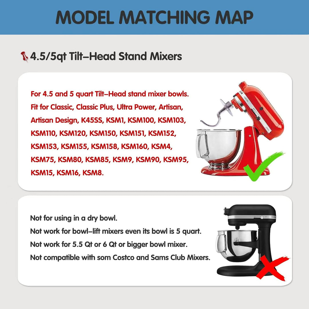 Knethaken Edelstahl für KitchenAid 4,5–5 Quart Mittelgrosse Küchenmaschinen mit kippbarem Motorkopf,