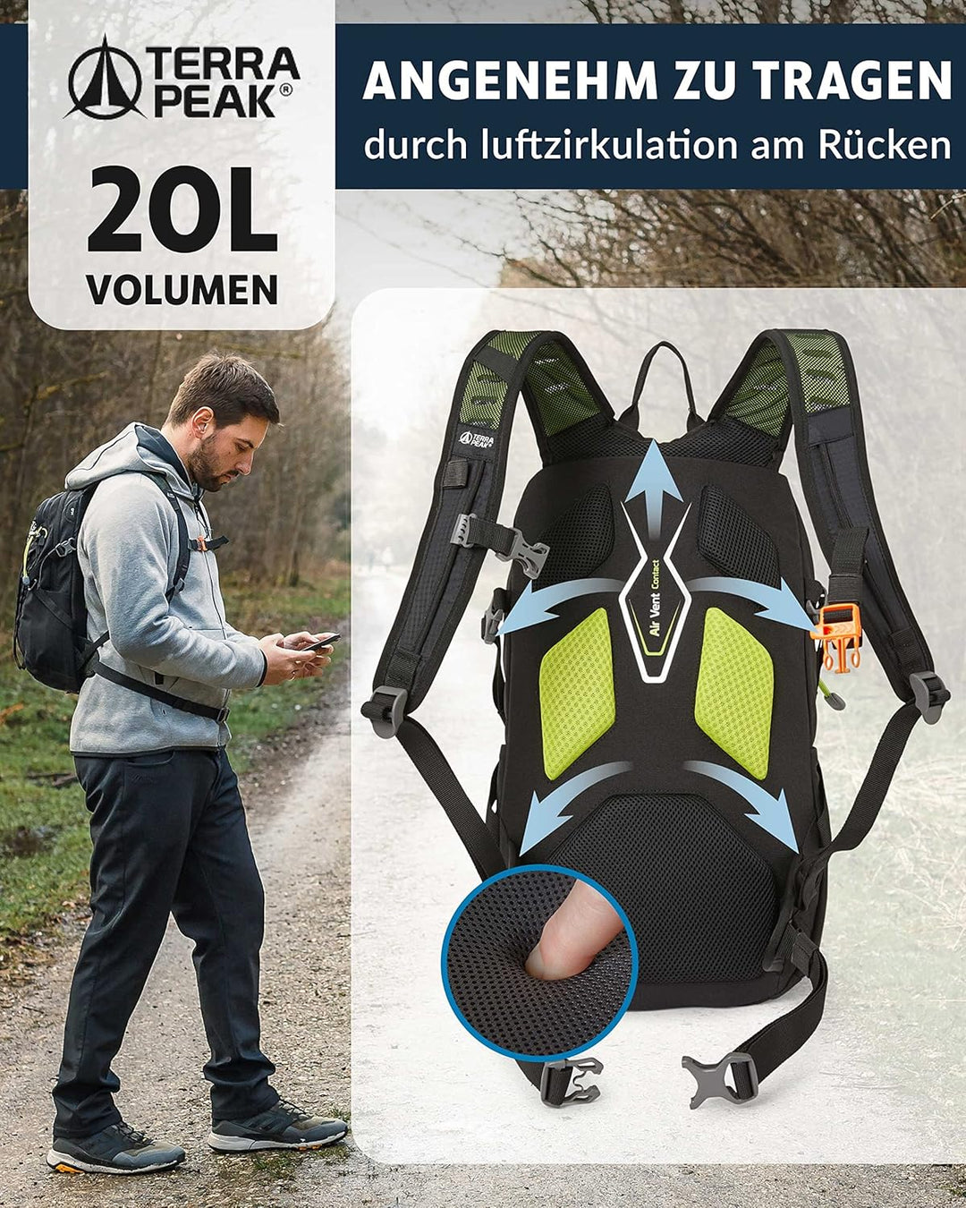 Terra Peak Wanderrucksack 20L Active 20 Premium (klein) Trekkingrucksack mit Rückenbelüftung, Regens
