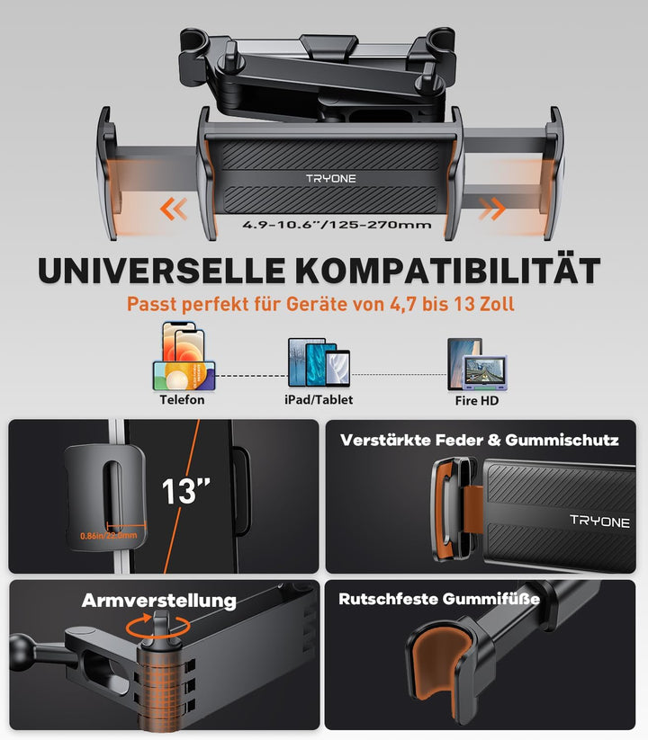 TRYONE Tablet Halterung Auto, Tablet Halter Kopfstütze - Ausziehbare KFZ-Kopfstützenhalterung für iP