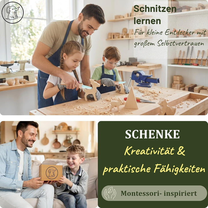 Eli® Lindenholz - Schnitzfiguren zum Schnitzen inkl. Schnitzanleitung für Kinder - Bastelset - Schni