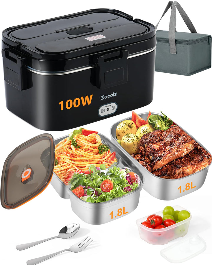 Eocolz Elektrische Lunchbox Food Heater 100W, Speisenwärmer mit Doppelbehälter 1,8L Tragbare Beheizt