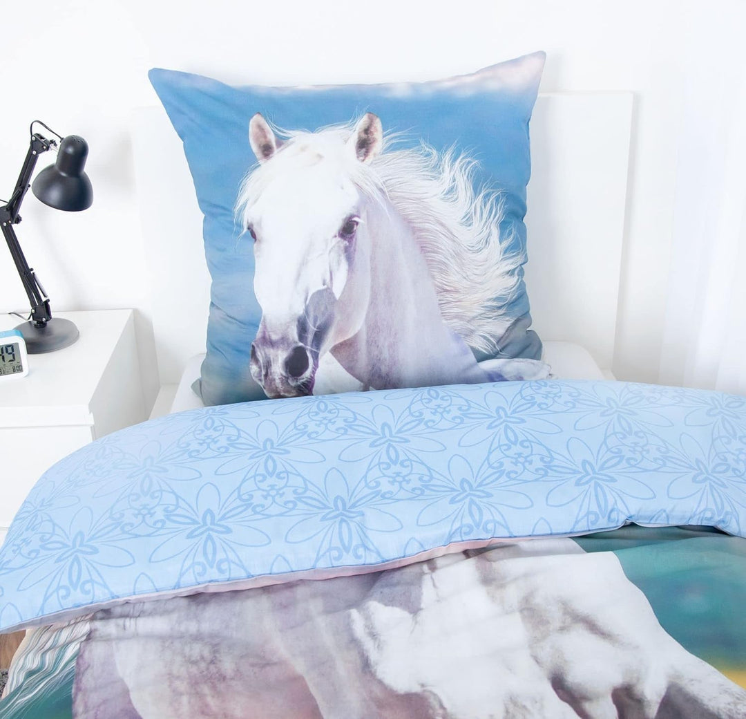Klaus Herding Bettwäsche mit Pferd weiss 135 x 200 cm 80 x 80 cm, Mehrfarbig