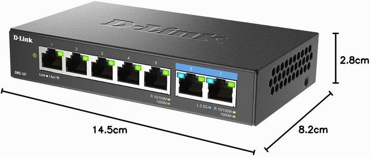 D-Link DMS-107/E 7-Port Multi-Gigabit Unmanaged Switch (2x 2,5G und 5x 1G Ports, lüfterlos, Low Prof