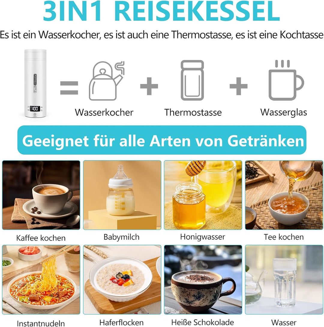 GuKKK Reisewasserkocher Klein Elektrische, 500ML Tragbarer Wasserkocher Mini Wassertasse Edelstahl 3