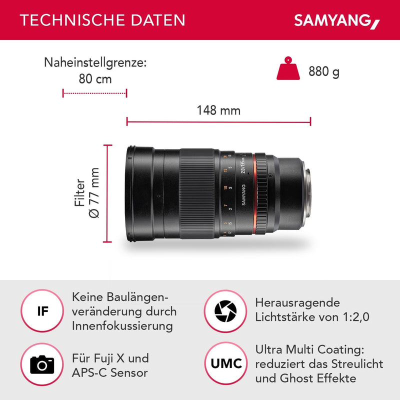 Samyang 135mm F2.0 für Fuji X - APS-C Teleobjektiv Festbrennweite für Fuji Kamera mit X Mount, manue