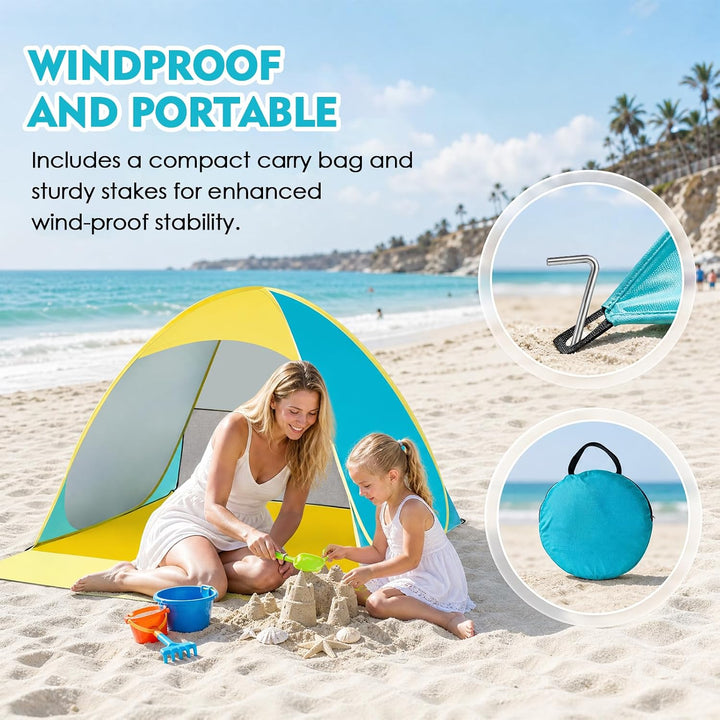 Pop Up Strandmuschel mit UV Schutz 50+, Automatisches Strandzelt Windschutz für 2-3 Personen, Wasser