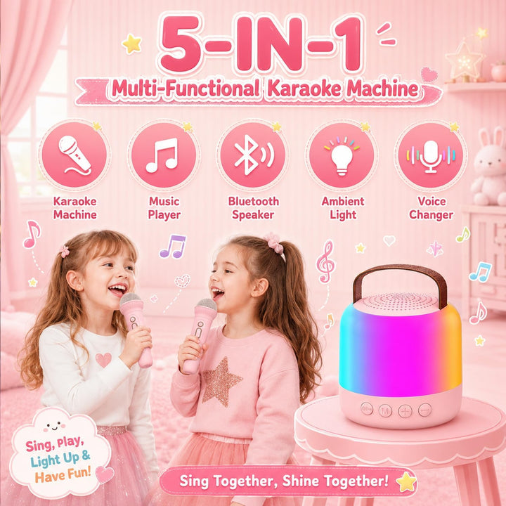 Karaoke Maschine mit 2 Drahtlosen Mikrofonen für Kinder, Tragbarer Bluetooth-Lautsprecher mit LED un