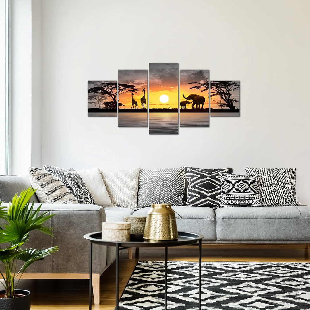 Runa Art Wandbilder Afrika Sonnenuntergang 5 Teilig Bild auf Vlies Leinwand Deko Wohnzimmer Schlafzi