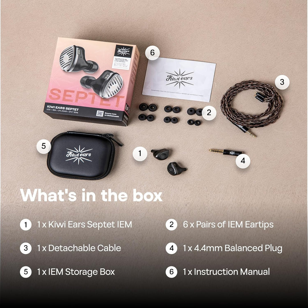 LINSOUL Kiwi Ears Septet - 1DD + 4BA + 1 Planar + 1 PZT Quadbrid IEM - HiFi Kabel - Gaming - Ohrhöre
