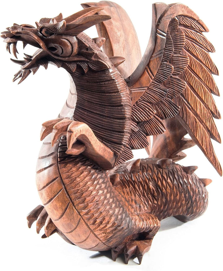 Windalf Handarbeit Holzfigur Drache BRAINN 30 cm Stehender Holz-Drache mit Flügeln Glücksbringer Sch