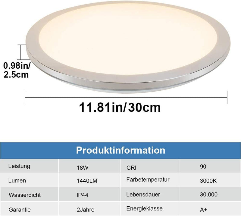PADMA Deckenleuchte Led Warmweiss Bad Deckenlampe Modern Silber Rund Flach 18W 3000K Wasserdicht Ip4