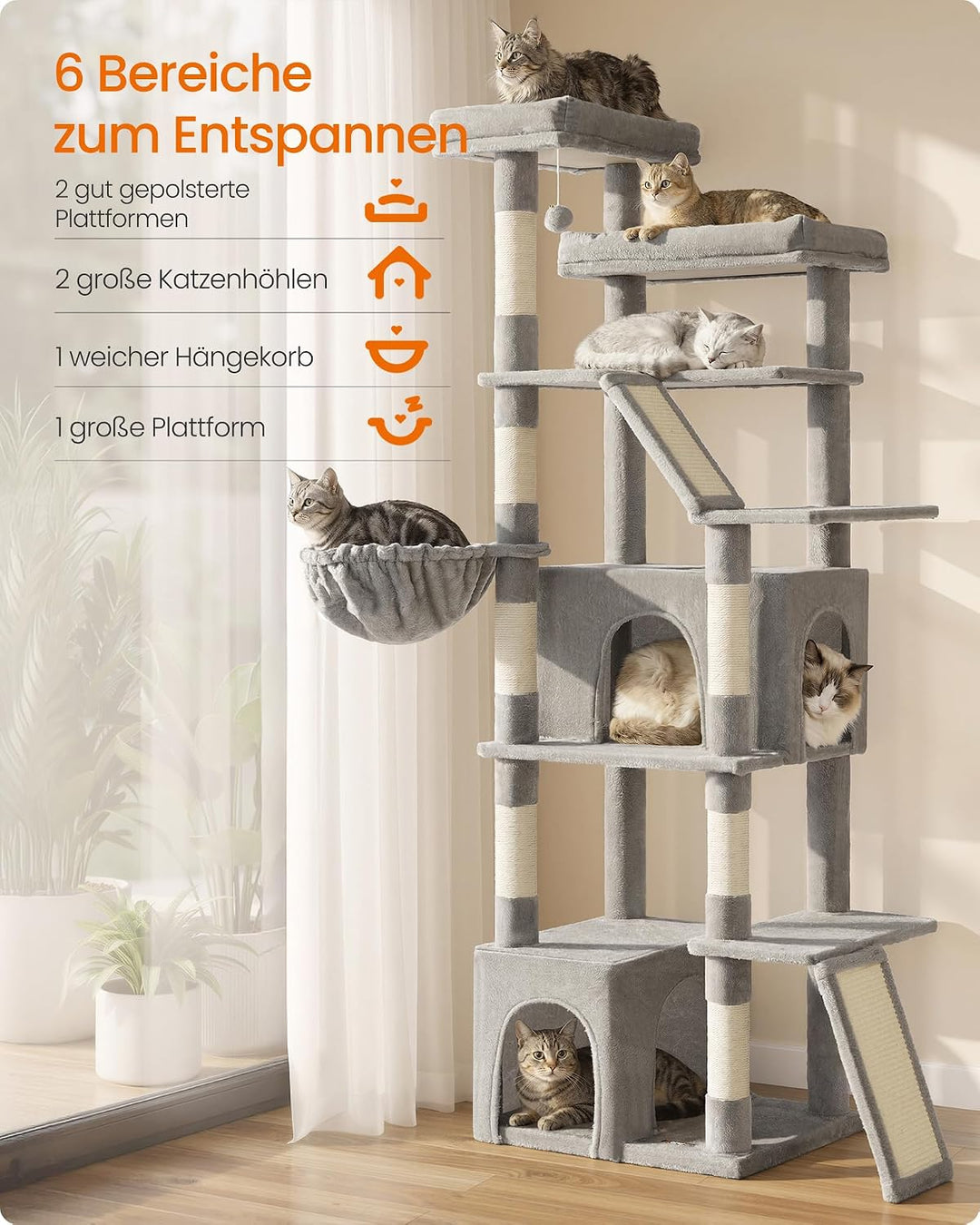 Feandrea Kratzbaum gross, 184,5 cm hoch, Katzenbaum, Katzenkratzbaum, mit 7 Kratzsäulen, 2 Kratzbret